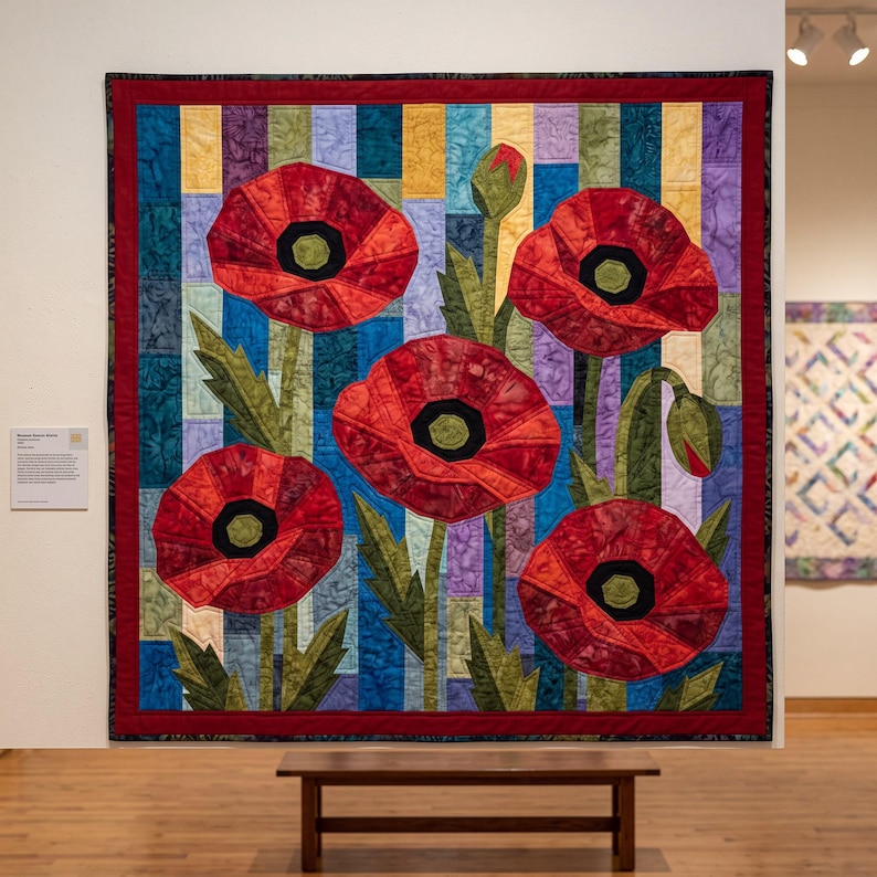 Klaprozenquiltpatroon, applicatie met rafelige rand en strijkapplicatie, bloemenquiltpatroon (PDF), patchwork wandkleed, sjabloon voor een quilt in volkskunststijl afbeelding 2