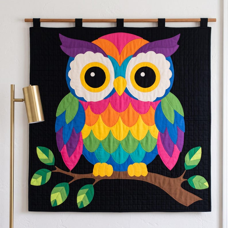Patrón de edredón de búho, patrón de edredón de pared de búho en PDF, edredón de apliques fácil para principiantes, edredón de pared infantil arcoíris, aplique termoadhesivo con borde sin rematar imagen 18