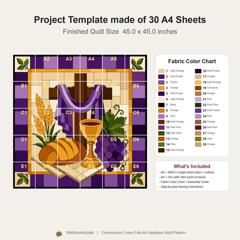 Communion Cross Quilt Pattern, Raw Edge Fusible Applique, Religious Quilt Pattern PDF, Christian Wall Hanging, Folk Art Faith Template image 4