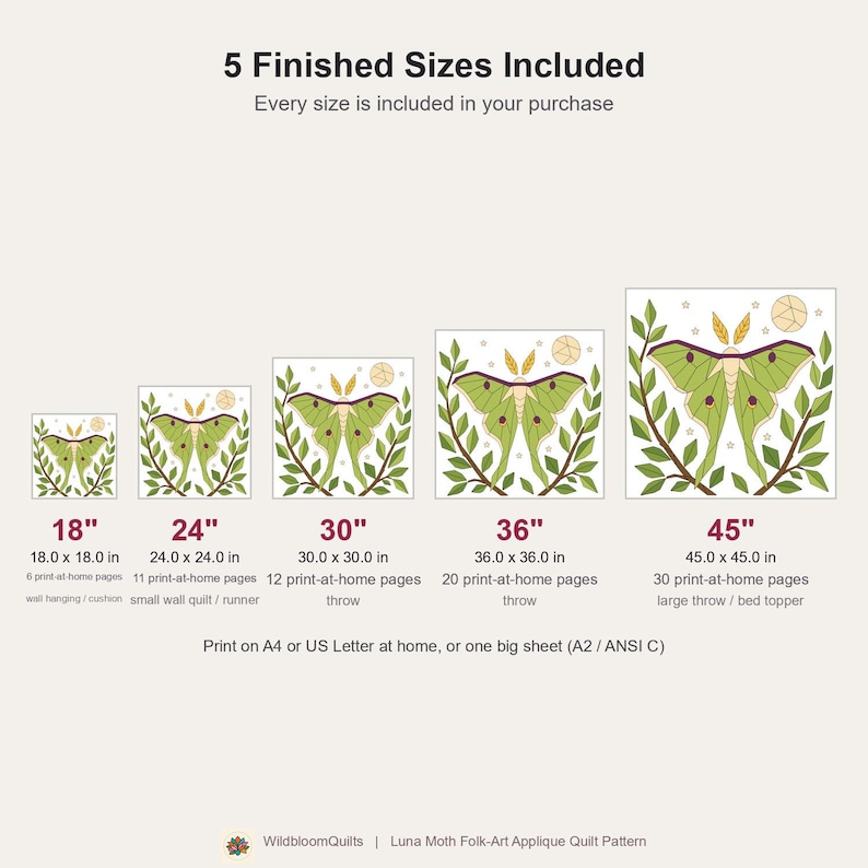 Luna Moth Quilt Pattern, Moth Wall Hanging Quilt Pattern PDF, Applique Quilt Pattern, Raw Edge Fusible Applique image 3