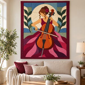 Quiltmuster für Cellisten, Applikations- und Collage-Quilt, Quiltmuster für Musikliebhaber (PDF), Patchwork-Wandbehang, Quiltvorlage im Stil der Volkskunst Bild 11