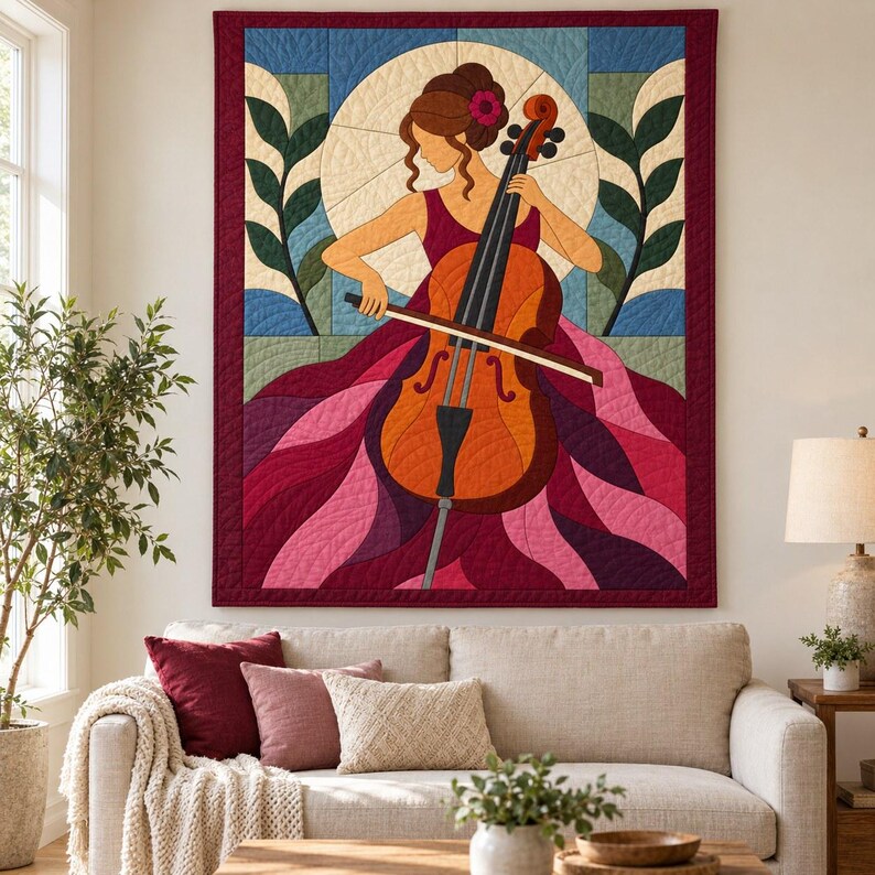 Quiltmuster für Cellisten, Applikations- und Collage-Quilt, Quiltmuster für Musikliebhaber (PDF), Patchwork-Wandbehang, Quiltvorlage im Stil der Volkskunst Bild 11