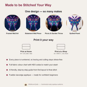 Amethyst Moth Quilt Pattern, Raw Edge Fusible Applique PDF, Celestial Moth Pattern, Patchwork Wall Hanging, Folk Art Quilt Template image 11