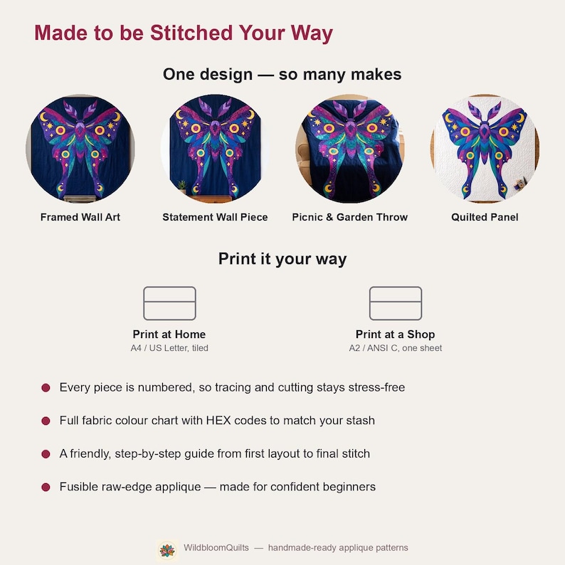 Amethyst Moth Quilt Pattern, Raw Edge Fusible Applique PDF, Celestial Moth Pattern, Patchwork Wall Hanging, Folk Art Quilt Template image 11