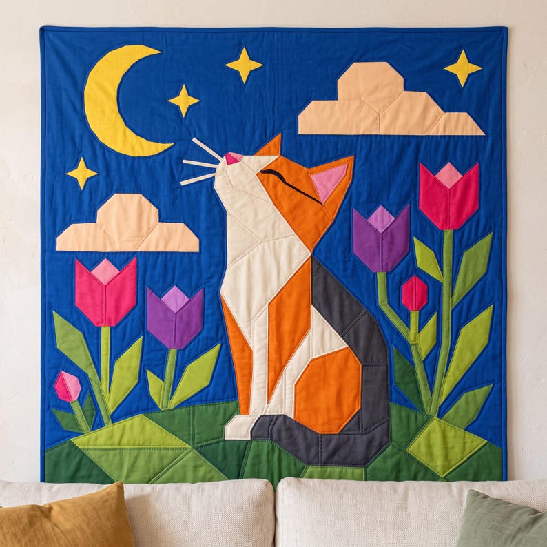 Cat Quilt Pattern, Cat Wall Hanging Quilt Pattern PDF, Easy Applique Quilt for Beginners, Folk Art Cat Lover Gift, Raw Edge Fusible Applique image 9