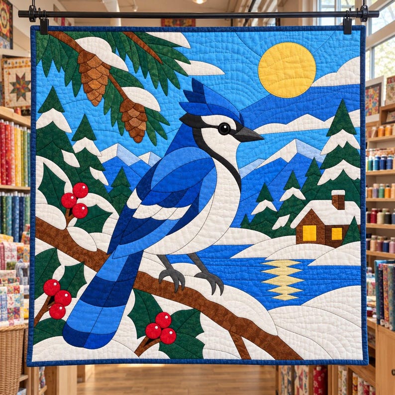 Blue Jay Quilt Pattern, Applique & Collage Quilt, Winter Bird Quilt Pattern PDF, Patchwork Wall Hanging, Folk Art Quilt Template image 5