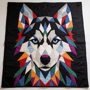 Wzór na kołdrę z motywem Husky, aplikacja i kolaż, wzór na kołdrę ze zwierzętami w formacie PDF, patchworkowa zawieszka ścienna, szablon z wilkiem w stylu ludowym