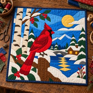 Quiltmuster „Winterkardinal“, Applikations- und Collage-Quilt, Vogel-Quiltmuster (PDF), Patchwork-Wandbehang, Quiltvorlage im Stil der Volkskunst Bild 2