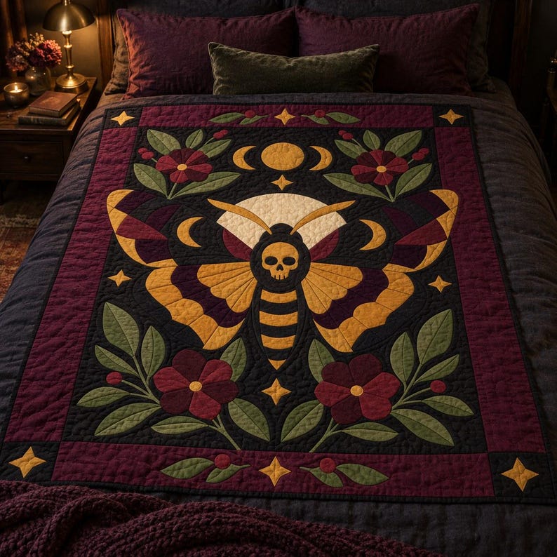 Death's Head Moth Quilt Pattern, Applique & Collage Quilt, Gothic Moth PDF Pattern, Patchwork Wall Hanging, Folk Art Quilt Template image 10
