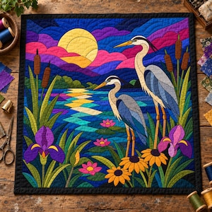 May include: A square fabric quilt featuring a landscape scene with two grey herons standing in a marsh. The design includes a yellow sun, purple and pink clouds, blue water, brown cattails, green reeds, and colorful purple and orange flowers.