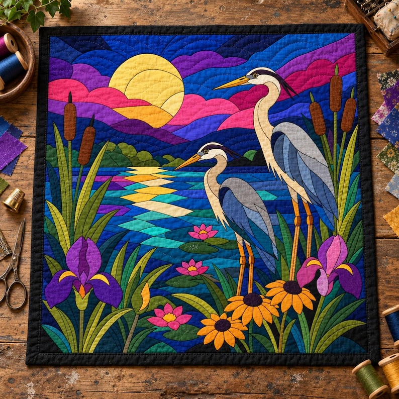 Patrón de colcha de garza, aplique termoadhesivo con borde sin rematar, patrón de colcha de pájaros en PDF, tapiz de pared de paisaje de humedal, plantilla de colcha de arte popular imagen 1