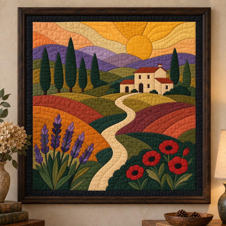 Tuscan Landscape Quilt Pattern, Applique & Collage Quilt PDF, Countryside Wall Hanging, Folk Art Patchwork, Raw Edge Fusible Applique image 7