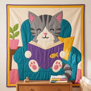 Reading Cat Quilt Pattern, Raw Edge Fusible Applique, Cat Quilt Pattern PDF, Patchwork Wall Hanging, Folk Art Quilt Template image 17