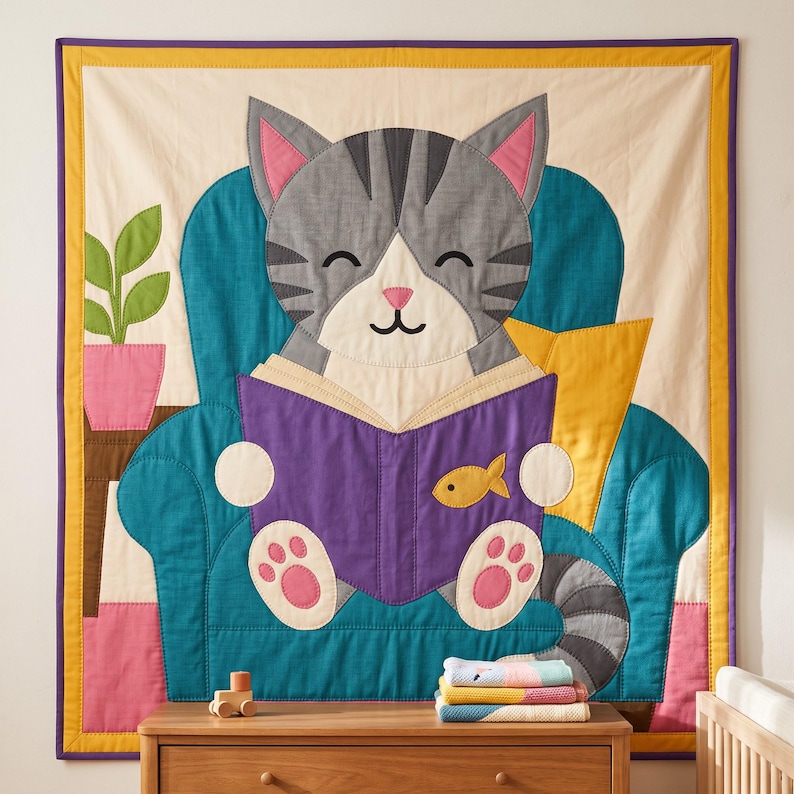 Reading Cat Quilt Pattern, Raw Edge Fusible Applique, Cat Quilt Pattern PDF, Patchwork Wall Hanging, Folk Art Quilt Template image 17