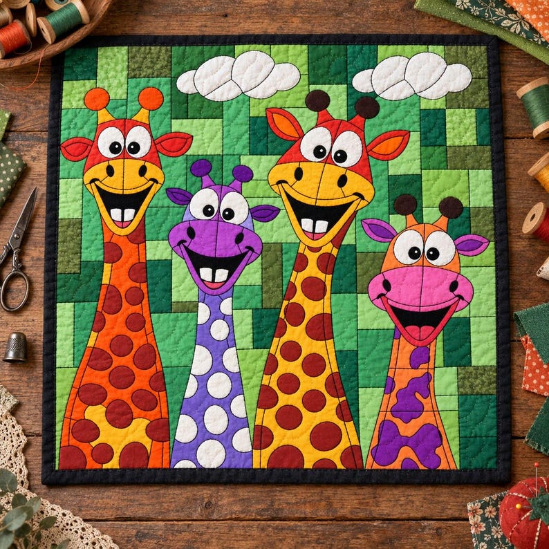 Mönster för giraffquilt, applikation med smältbara kanter i PDF-format, quiltmönster för djur, väggbonad med lapptäcke, mall för quilt med folkkonst bild 2