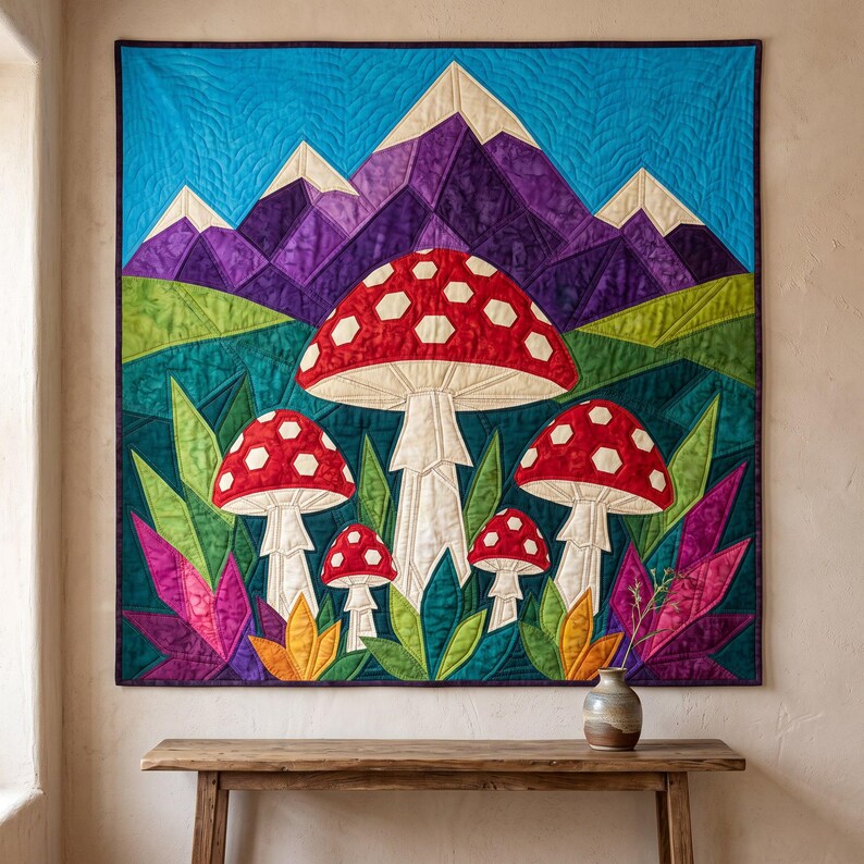Mushroom Mountain Quilt Pattern, Raw Edge Fusible Applique, Toadstool Quilt Pattern PDF, Patchwork Wall Hanging, Folk Art Quilt Template image 18