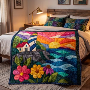 Lighthouse Sunrise Quilt Pattern, Raw Edge Fusible Applique PDF, Coastal Quilt Pattern, Patchwork Wall Hanging, Folk Art Quilt Template image 13
