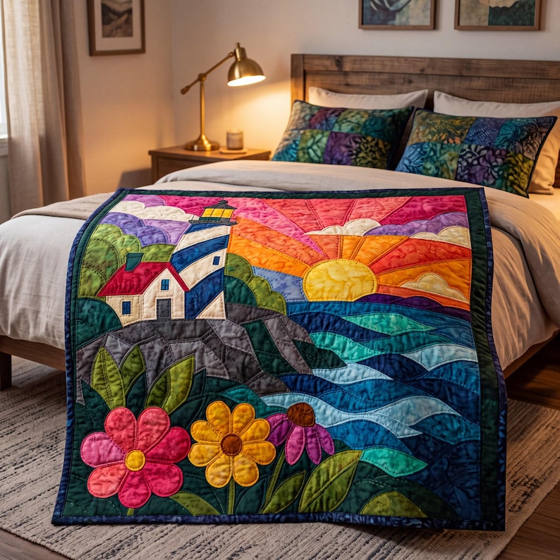 Lighthouse Sunrise Quilt Pattern, Raw Edge Fusible Applique PDF, Coastal Quilt Pattern, Patchwork Wall Hanging, Folk Art Quilt Template image 13