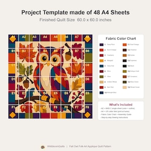 Herfstuil quiltpatroon, rafelige rand applicatie met strijkapplicatie, dieren quiltpatroon PDF, patchwork wandkleed, volkskunst herfst quilt sjabloon afbeelding 13