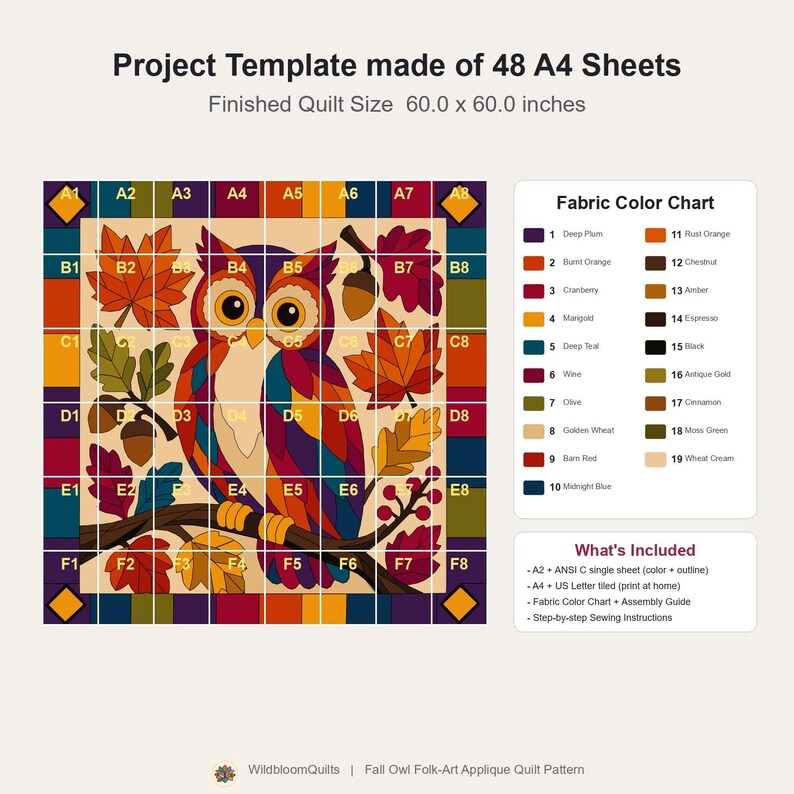 Herfstuil quiltpatroon, rafelige rand applicatie met strijkapplicatie, dieren quiltpatroon PDF, patchwork wandkleed, volkskunst herfst quilt sjabloon afbeelding 13