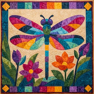 May include: A square fabric quilt featuring a central dragonfly with multicolored wings in shades of purple, pink, orange, and blue. The dragonfly is surrounded by stylized flowers and green leaves on a cream background with a quilted texture.