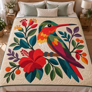 Patrón de colcha de colibrí, colcha de apliques y collage, patrón de colcha floral tropical en PDF, tapiz bohemio, plantilla de colcha de pájaros de arte popular imagen 10