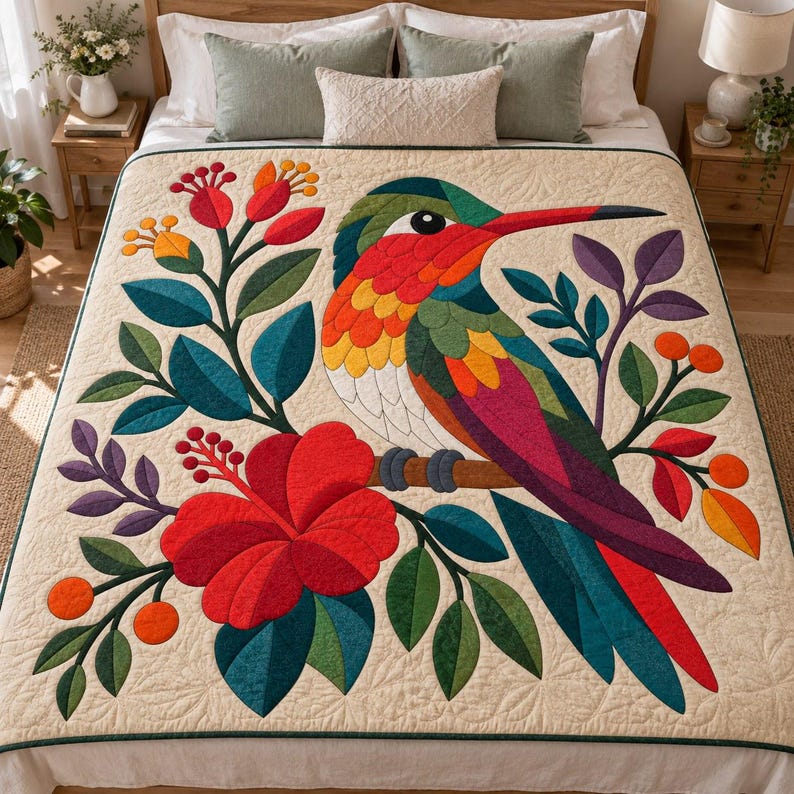 Patrón de colcha de colibrí, colcha de apliques y collage, patrón de colcha floral tropical en PDF, tapiz bohemio, plantilla de colcha de pájaros de arte popular imagen 10