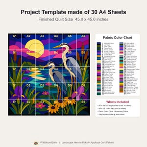 Patrón de colcha de garza, aplique termoadhesivo con borde sin rematar, patrón de colcha de pájaros en PDF, tapiz de pared de paisaje de humedal, plantilla de colcha de arte popular imagen 6