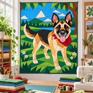 Quiltmuster für einen Deutschen Schäferhund, Applikations- und Collage-Hundequilt, Tierquiltmuster (PDF), Patchwork-Wandbehang, Quiltvorlage im Volkskunststil Bild 9