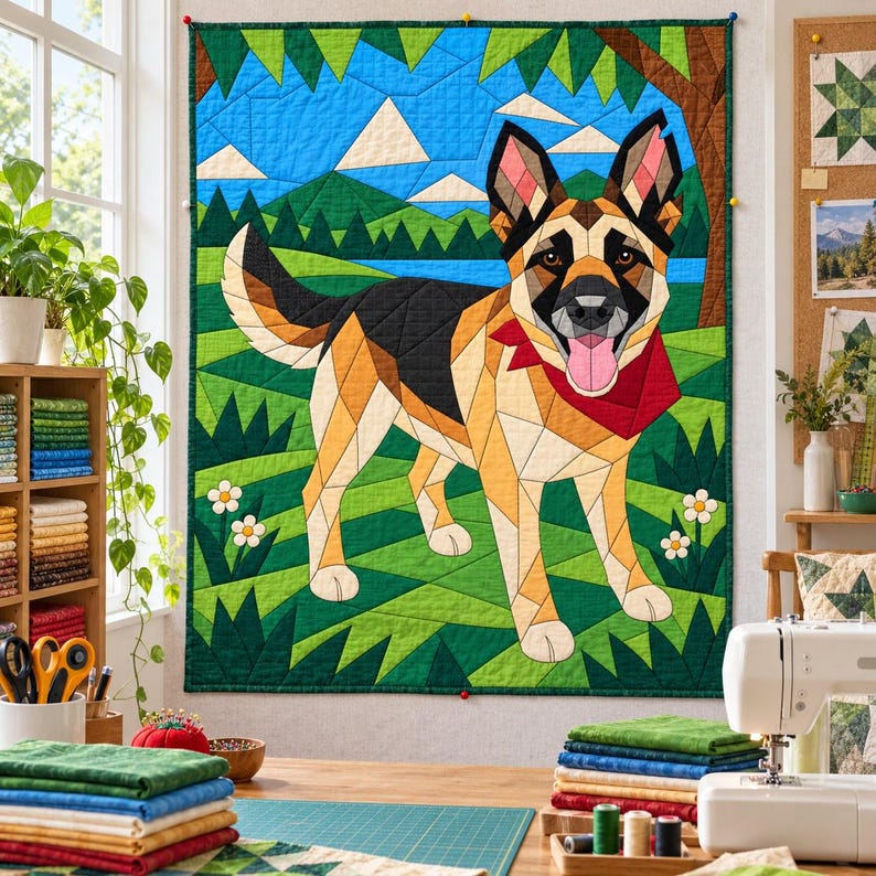 Quiltmuster für einen Deutschen Schäferhund, Applikations- und Collage-Hundequilt, Tierquiltmuster (PDF), Patchwork-Wandbehang, Quiltvorlage im Volkskunststil Bild 9
