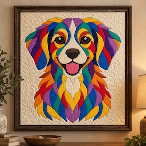 May include: A square wall art piece featuring a vibrant, multi-coloured quilt-style portrait of a dog. The dog is depicted with bold segments of purple, blue, yellow, orange, and red, set against a cream-coloured background with quilted patterns.