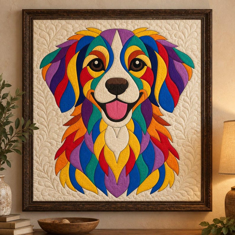 Patrón de edredón de perro Rainbow Retriever, edredón con apliques y collage, patrón de edredón de animales en PDF, tapiz de pared de patchwork, plantilla de perro de arte popular imagen 1