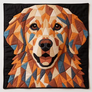 May include: A square fabric wall hanging featuring a geometric, quilted portrait of a golden dog. The dog is composed of numerous triangular and polygonal patches in shades of orange, tan, brown, and blue, set against a solid black background.