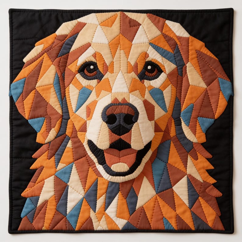 May include: A square fabric wall hanging featuring a geometric, quilted portrait of a golden dog. The dog is composed of numerous triangular and polygonal patches in shades of orange, tan, brown, and blue, set against a solid black background.