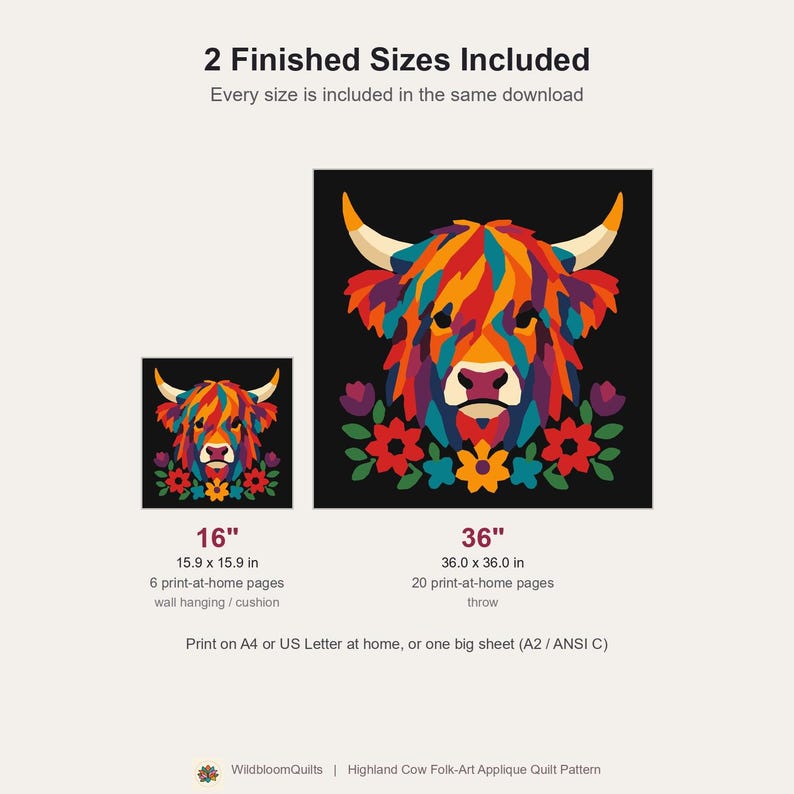 Highland Cow Quilt Pattern, Cow Wall Hanging Quilt Pattern PDF, Easy Applique Quilt for Beginners, Raw Edge Fusible Applique image 3
