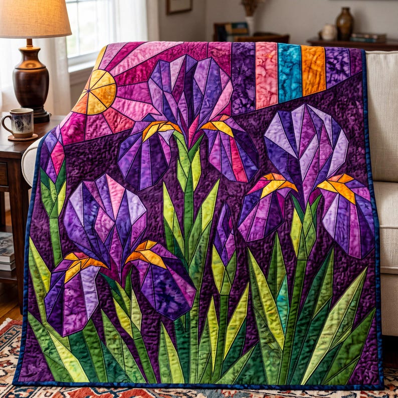 Iris Quilt Pattern, Raw Edge Fusible Applique, Flower Quilt Pattern PDF, Folk Art Wall Hanging, Patchwork Garden Quilt Template image 11
