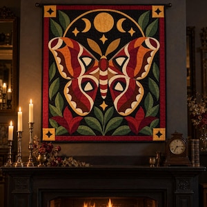Atlas Moth Quilt Pattern, Applique & Collage Quilt PDF, Moon Phase Quilt Pattern, Folk Art Wall Hanging, Botanical Patchwork Template image 1