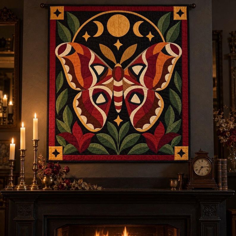 Atlas Moth Quilt Pattern, Applique & Collage Quilt PDF, Moon Phase Quilt Pattern, Folk Art Wall Hanging, Botanical Patchwork Template image 1