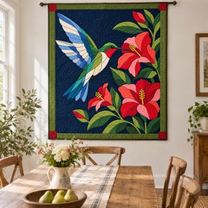 Patrón de colcha de colibrí, colcha de apliques y collage, patrón de colcha de pájaros en PDF, tapiz de pared de hibisco, plantilla de colcha de arte popular imagen 14
