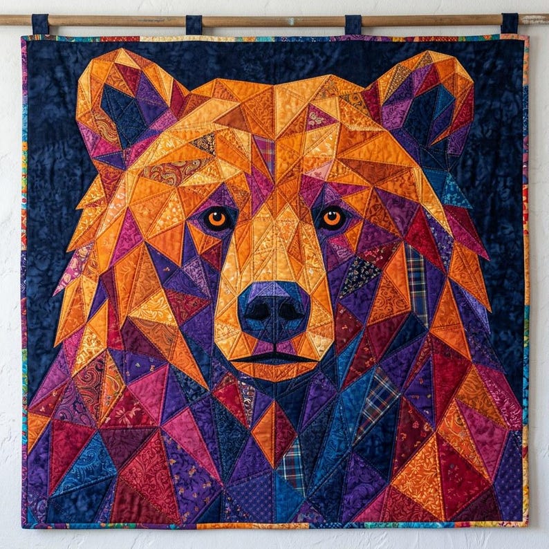 Patrón de edredón de oso, aplique termoadhesivo geométrico con borde sin rematar, patrón de edredón de animales en PDF, tapiz de pared de patchwork, plantilla de edredón de arte popular imagen 15