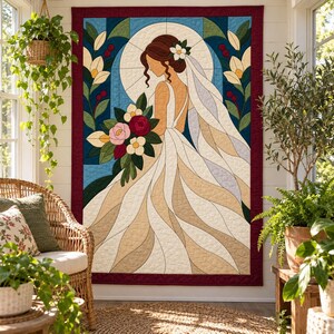 Bride Quilt Pattern, Applique & Collage Quilt, Wedding Quilt Pattern PDF, Patchwork Wall Hanging, Folk Art Quilt Template image 7
