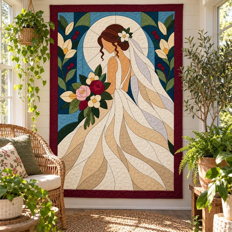 Bride Quilt Pattern, Applique & Collage Quilt, Wedding Quilt Pattern PDF, Patchwork Wall Hanging, Folk Art Quilt Template image 7