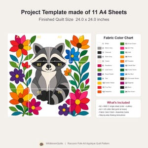 Raccoon Quilt Pattern, Raw Edge Fusible Applique, Animal Quilt Pattern PDF, Patchwork Wall Hanging, Folk Art Quilt Template image 13