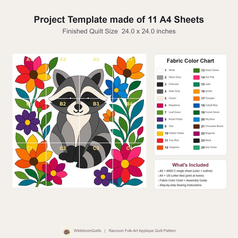 Raccoon Quilt Pattern, Raw Edge Fusible Applique, Animal Quilt Pattern PDF, Patchwork Wall Hanging, Folk Art Quilt Template image 13
