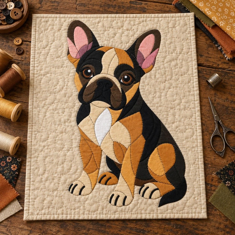 French Bulldog Quilt Pattern, Applique & Collage Quilt, Dog Quilt Pattern PDF, Patchwork Wall Hanging, Folk Art Quilt Template image 2