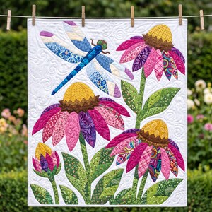 Mönster med trollslända- och solhattblommigt quiltmönster, applikations- och collagequilt i PDF-format, quiltmönster med blommigt djurmönster, applikation med råa kanter och smältbara mönster bild 11