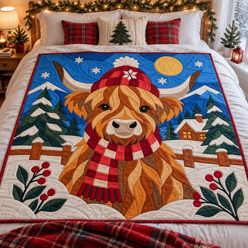 Modello per trapunta natalizia con mucca delle Highlands, trapunta con applicazioni e collage, modello PDF per trapunta con animali, arazzo patchwork, arte popolare immagine 10