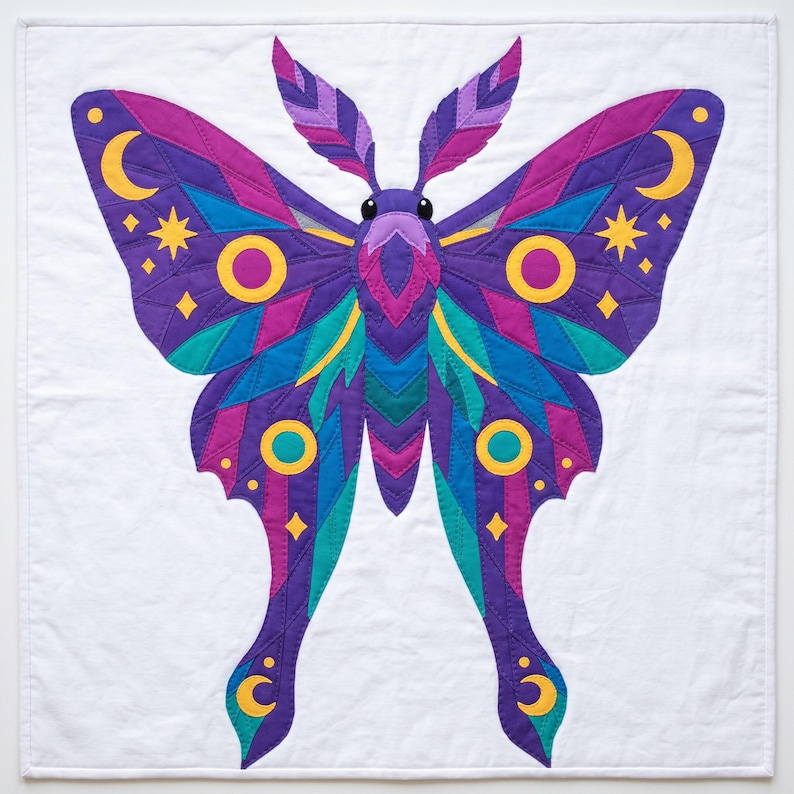 Amethyst Moth Quilt Pattern, Raw Edge Fusible Applique PDF, Celestial Moth Pattern, Patchwork Wall Hanging, Folk Art Quilt Template image 10