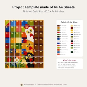 Padrão de colcha "Galinhas Espiando", aplique termocolante com borda crua, padrão de colcha de animais em PDF, tapeçaria de parede em patchwork, colcha de fazenda em estilo folk. imagem 12
