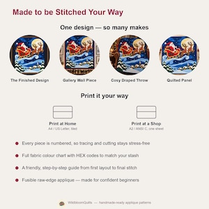 Santa Sleigh Quilt Pattern, Applique & Collage Quilt, Christmas Quilt Pattern PDF, Stained Glass Patchwork Wall Hanging, Reindeer Quilt image 3